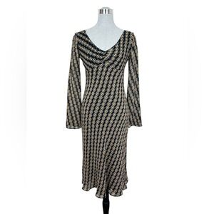 Vintage‎ 90s Tessuto Bias Cut Long Flare Sleeve Elegant Black Tan Women's Dress
